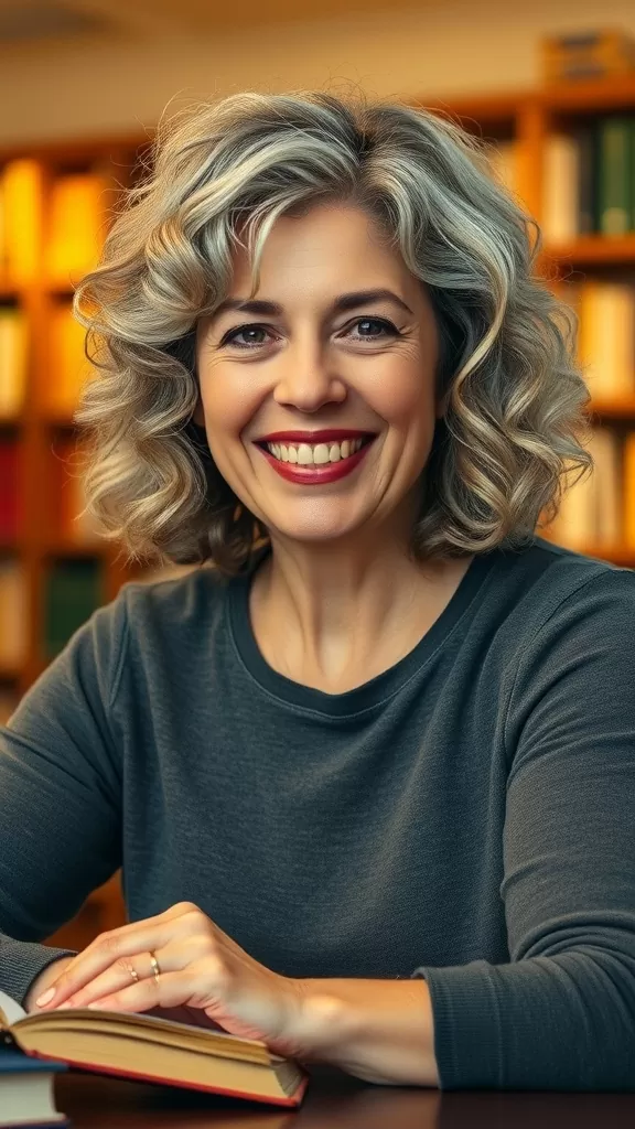 A woman with a curly bob haircut and bangs, smiling brightly