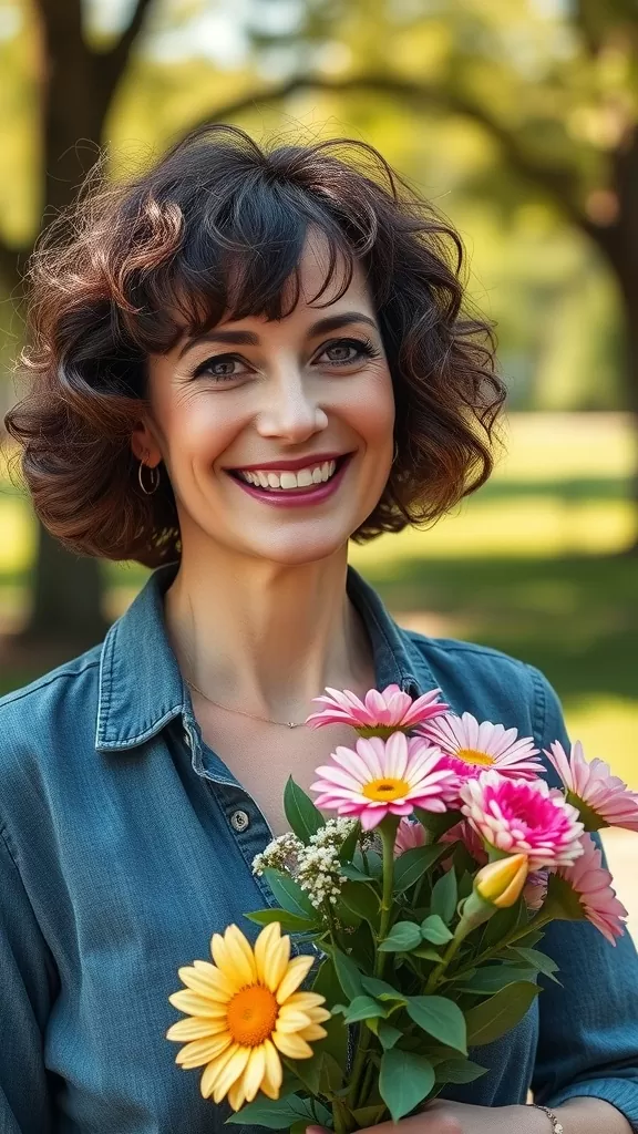 Woman with curly bob haircut, wearing a denim shirt and holding a bouquet of flowers in a park.