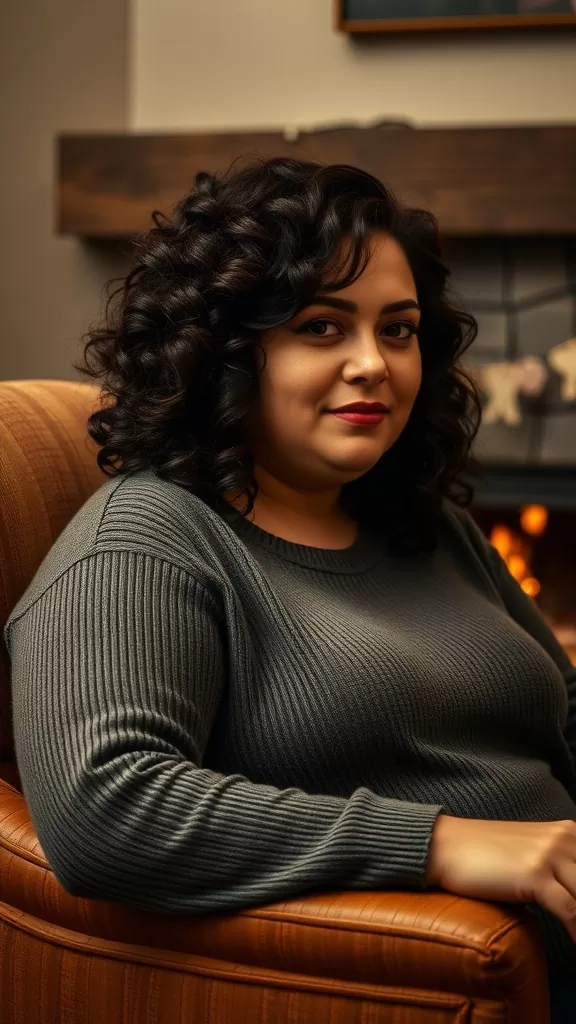 A woman with a curly bob hairstyle and fringe, sitting comfortably in a cozy setting.