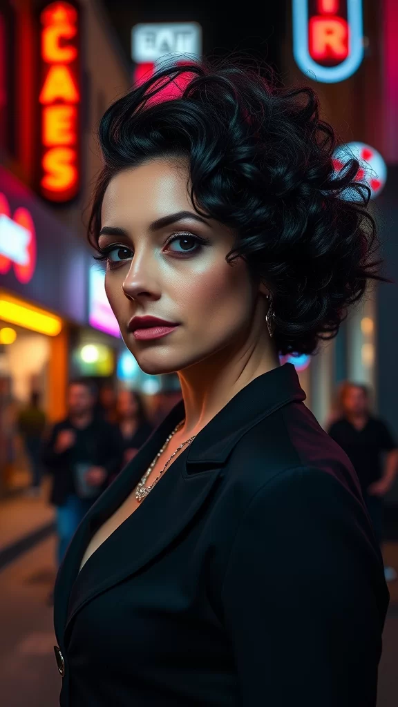 A woman with curly bob hairstyle and a side shave, wearing a black leather jacket in an urban setting with neon signs.
