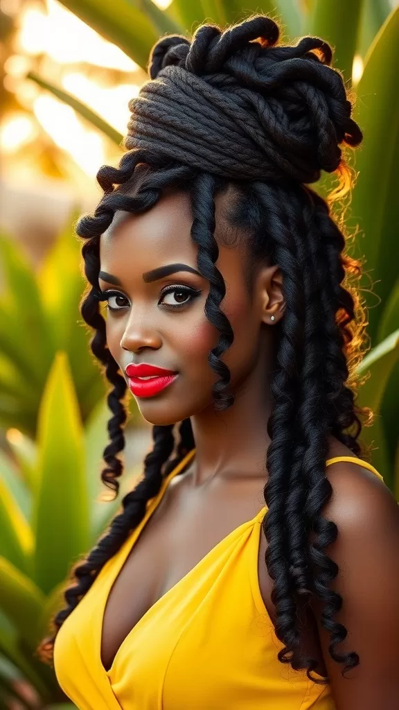 A woman with a curly braided updo hairstyle, wearing a yellow dress and bold red lipstick, set against a lush green background.