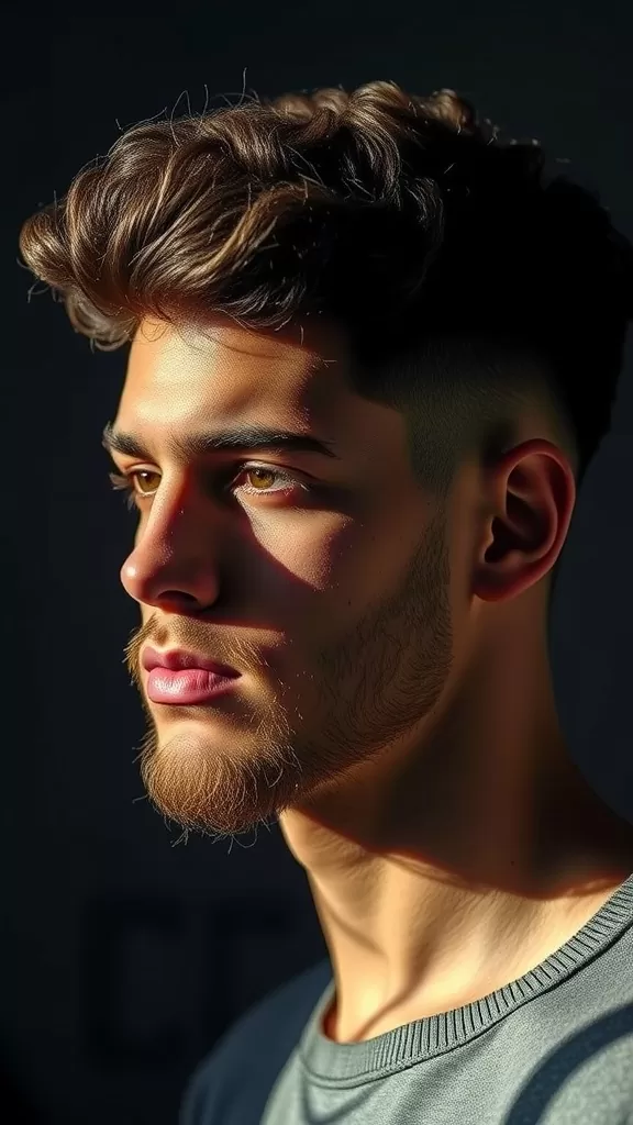 Young man with curly hair and a burst fade hairstyle, showcasing volume and contrast.