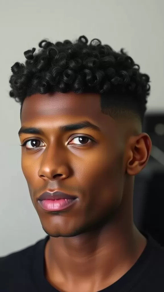 A young man with a curly Caesar fade hairstyle, featuring short curls on top and faded sides, looking stylish.