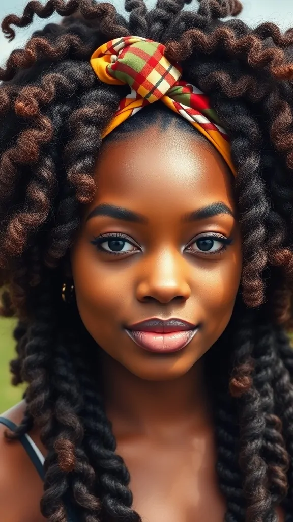 A woman with curly crochet braids and a colorful headband, showcasing a vibrant hairstyle.