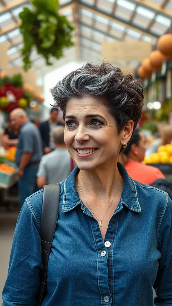 A woman with a curly crop haircut and tapered sides, smiling in a market setting, wearing a denim shirt.