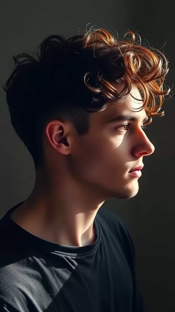 A young man with curly hair styled in a drop fade, showcasing defined curls and a smooth fade on the sides