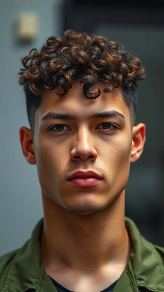A young man with curly hair styled in a fade with buzzed sides, showcasing a modern and clean look.