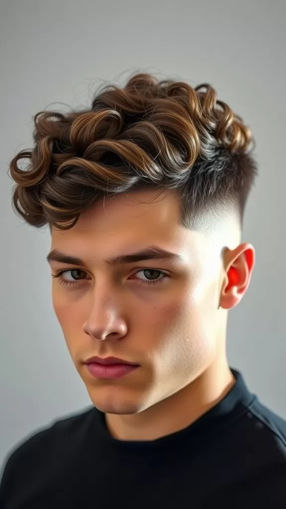 A young man with curly hair styled on top and a fade on the sides, featuring a curved line design.
