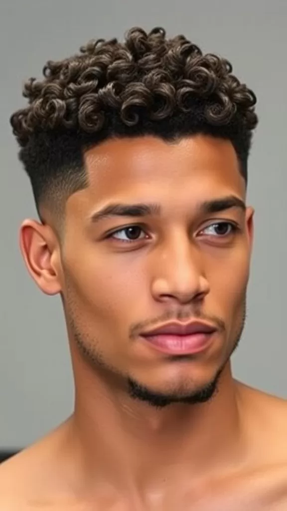 A man with a curly fade hairstyle and defined sideburns, showcasing a stylish and clean look.