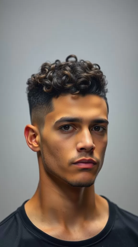 Man with curly hair and a fade haircut featuring a hard part.