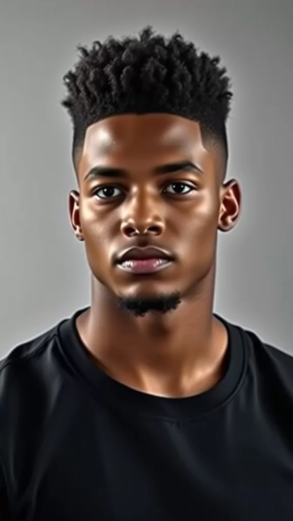 A young man showcasing a curly fade hairstyle with a high top