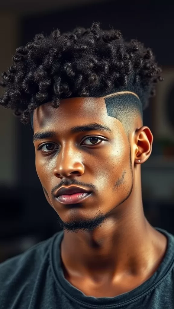 A man with curly hair styled in a high volume fade haircut