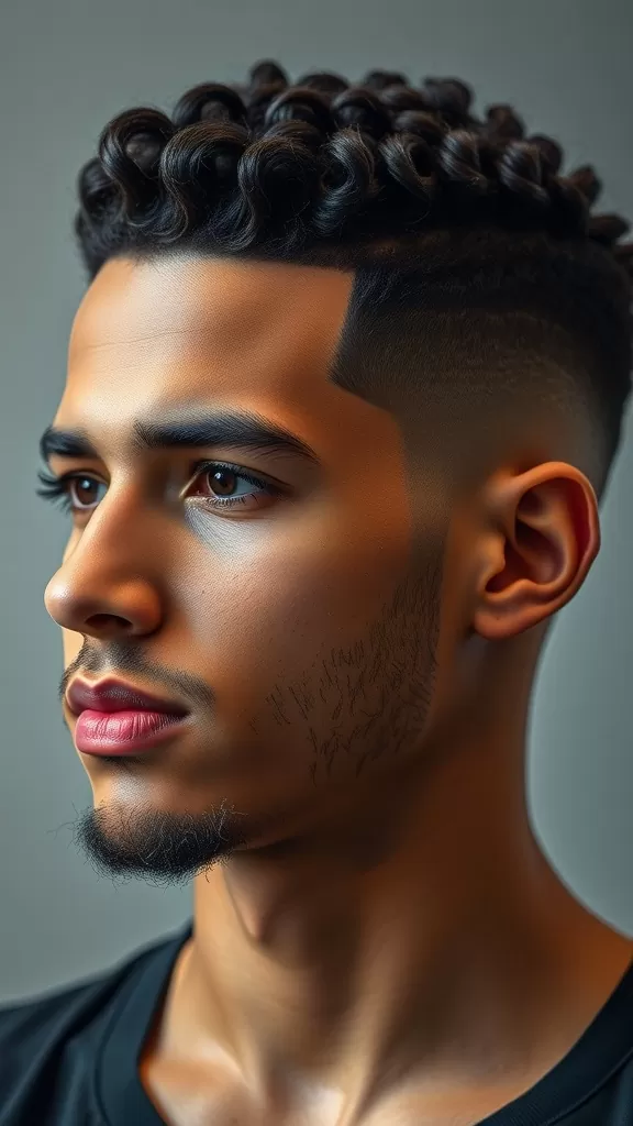 A young man with a curly hairstyle featuring a fade and a sharp line-up.