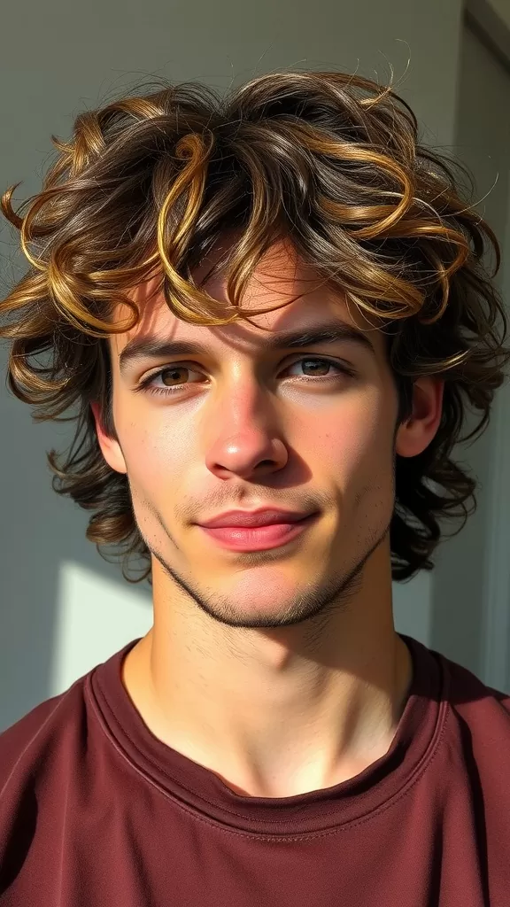 A young man with shaggy curly hair and a fade hairstyle, showcasing texture and volume