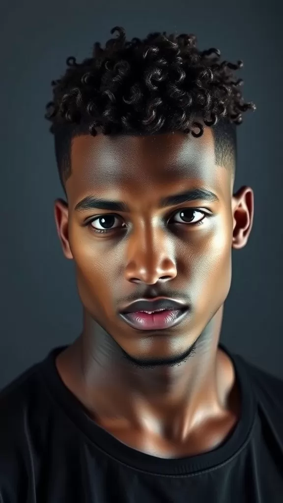 A young man with curly hair styled in a fade and sharp line-up