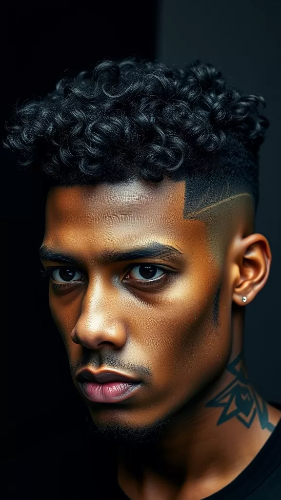 A close-up of a man showcasing a curly fade hairstyle with shaved designs on the sides.