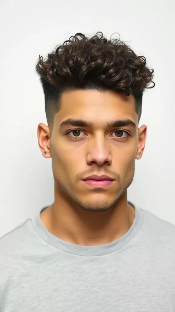 A young man with curly hair styled in a fade with a side part.