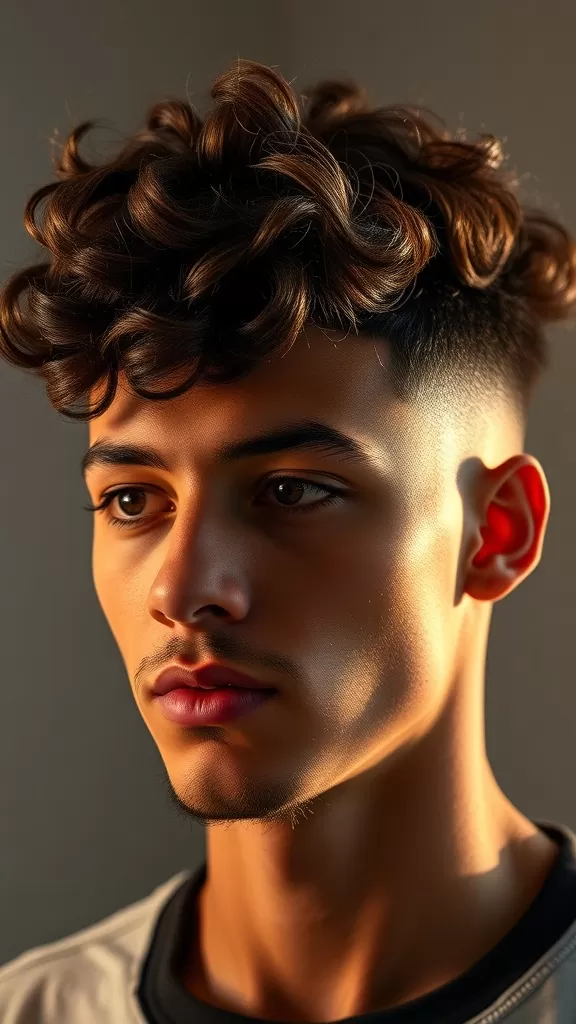 A young man with curly hair styled in a fade with side-swept curls