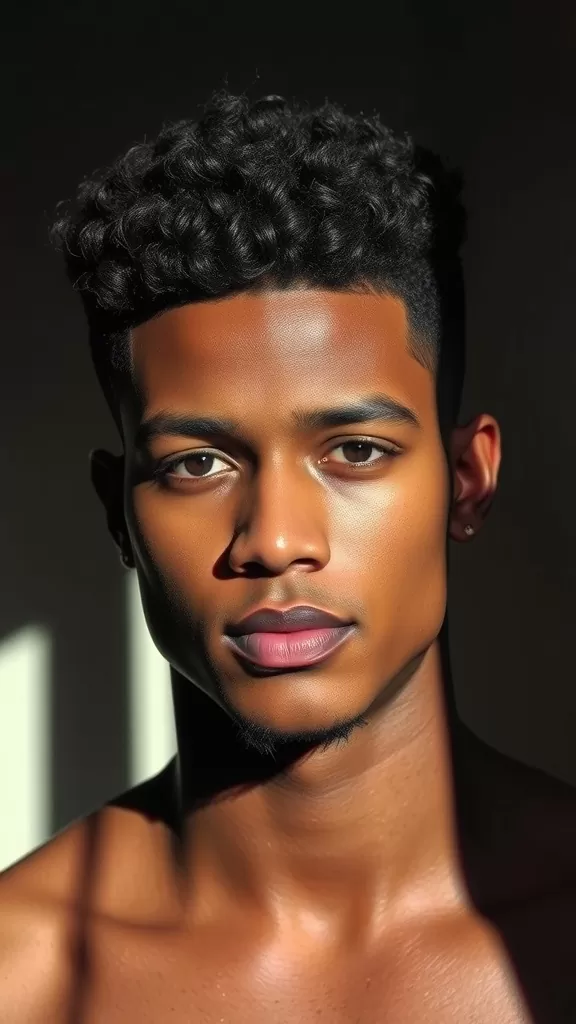 A young man with curly hair styled in a temple fade, showcasing defined curls and a clean, modern look.
