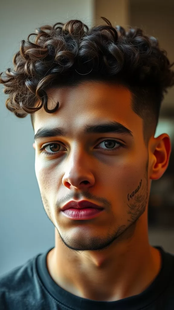 A young man with curly hair styled in a fade, showcasing textured curls on top.