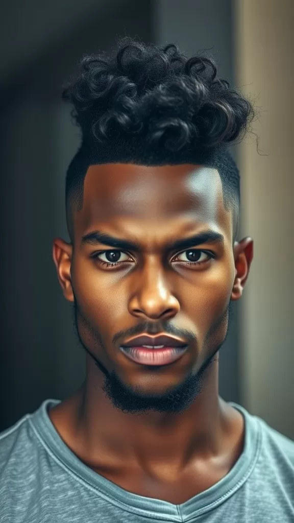 Man with curly hair styled in a thick mohawk and fade