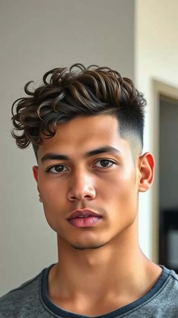 Curly hairstyle with a fade and wave texture