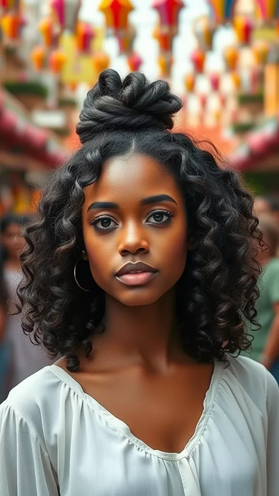 A woman with a curly half updo hairstyle, featuring a small bun at the top and flowing curls down her shoulders.