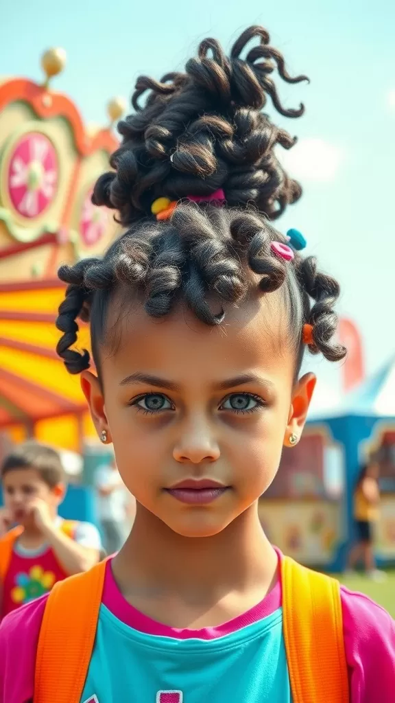 A girl with a curly high bun hairstyle, featuring colorful hair accessories, smiling at a fair.