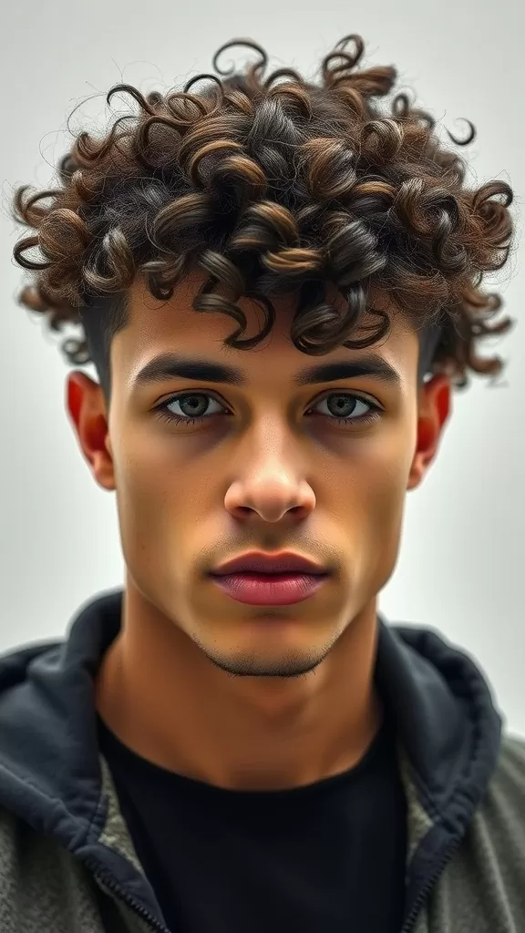 A young man with a curly high fade hairstyle, showcasing defined curls on top and faded sides.