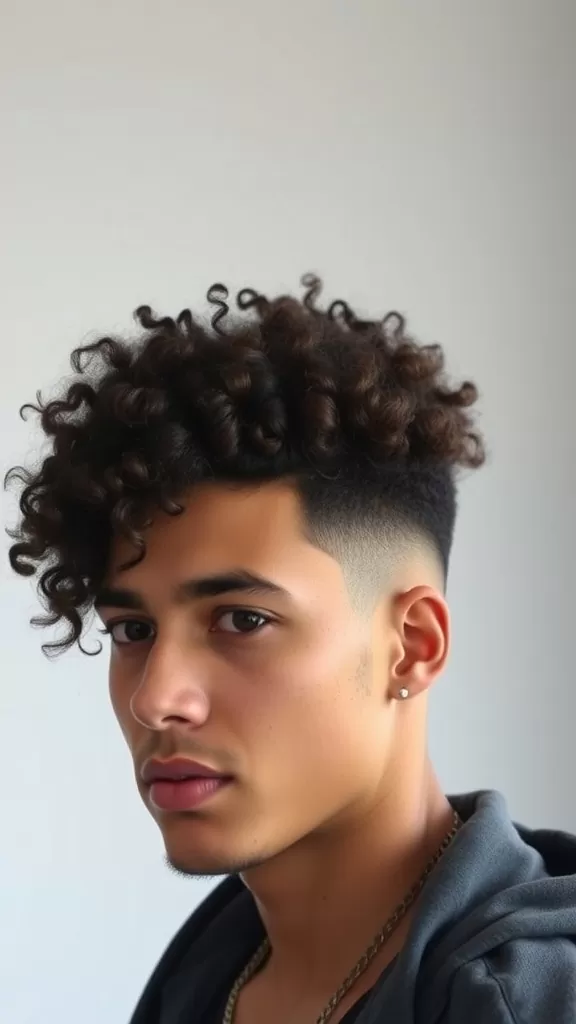 A young man with a curly high skin fade hairstyle, showcasing defined curls on top and a clean fade on the sides.