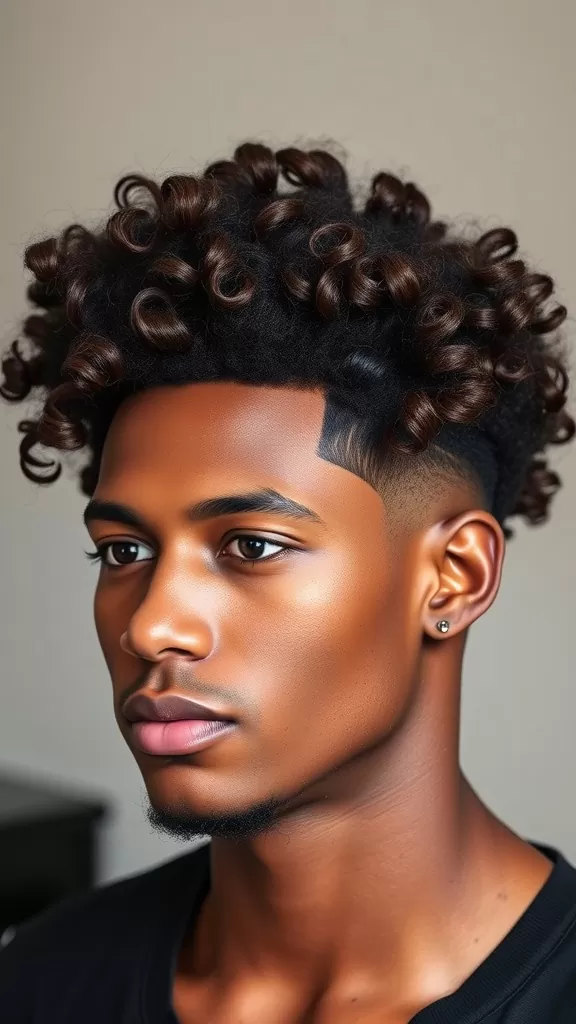 A man with curly hair styled in a high taper fade