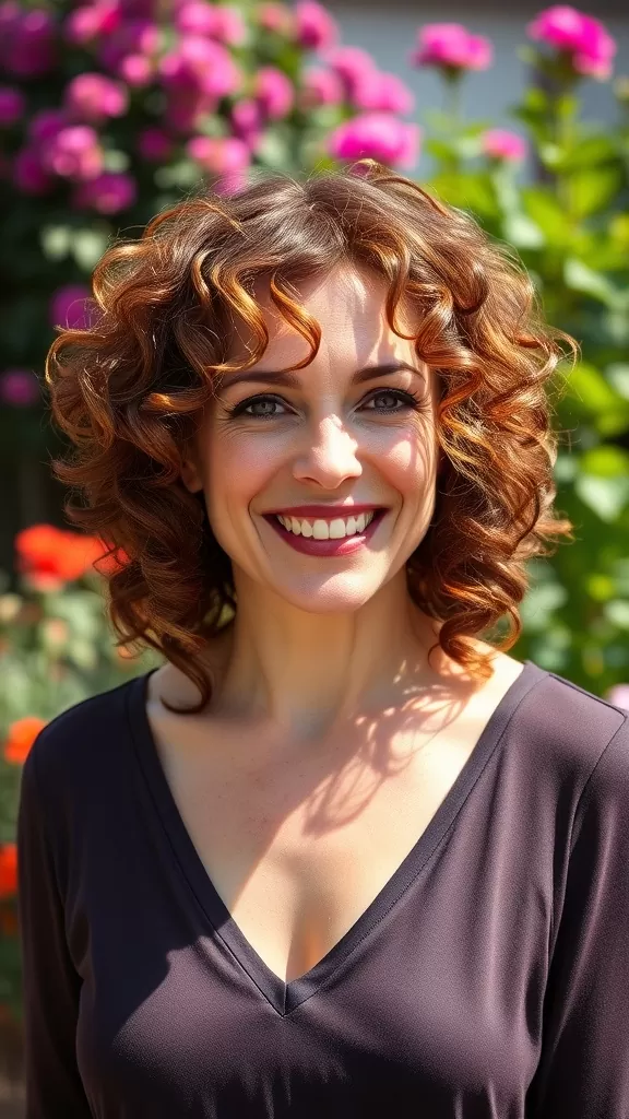 A woman with a curly layered bob hairstyle, smiling in front of vibrant flowers.