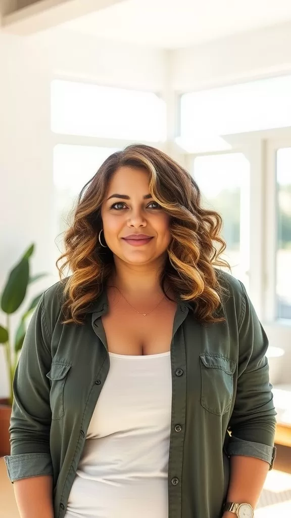 A woman with a curly lob hairstyle featuring subtle ombre, wearing a green shirt, smiling in a bright indoor setting.