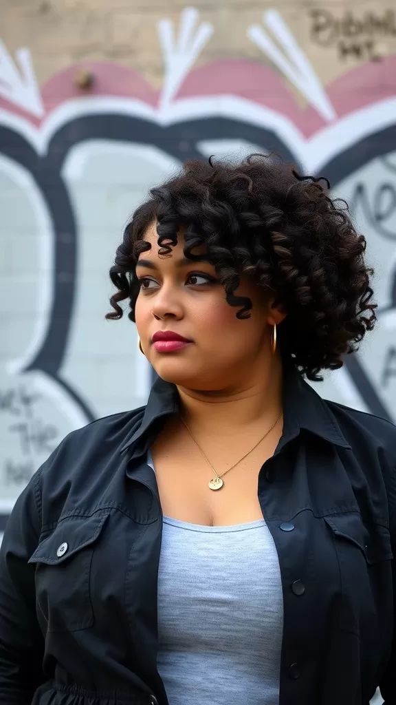 A woman with a curly lob haircut and an undercut, standing in front of a colorful graffiti wall.
