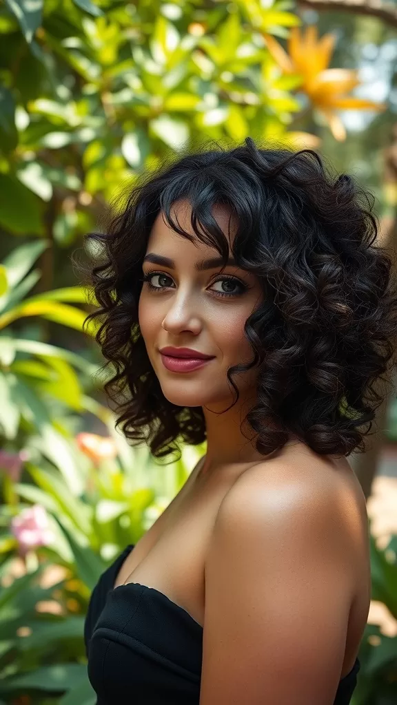A woman with curly lob hairstyle and voluminous bangs, surrounded by lush greenery.