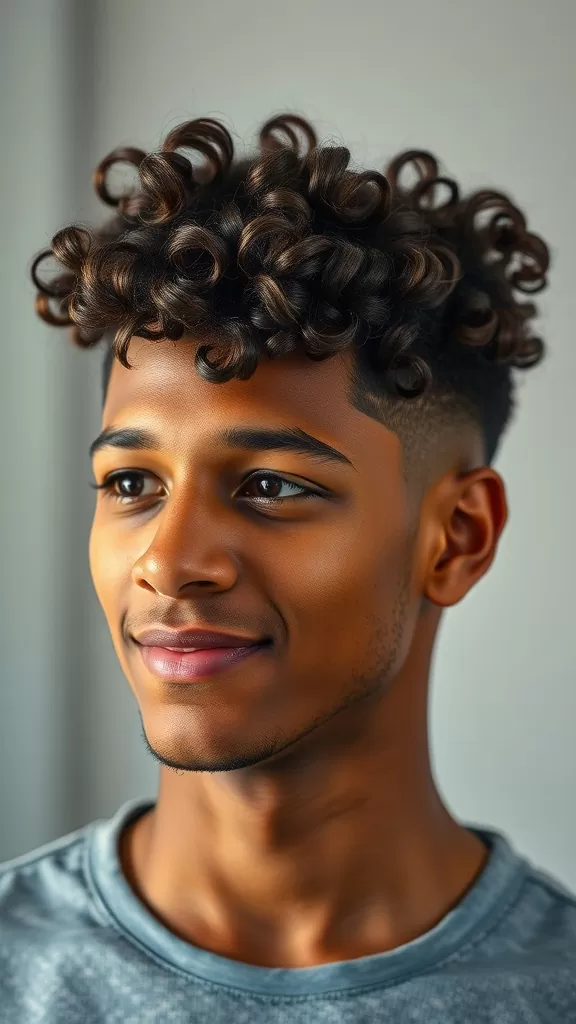 A young man with curly hair styled in a low drop fade haircut.