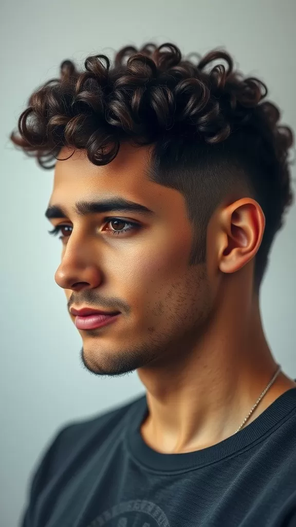 A young man with curly hair styled in a low fade haircut.