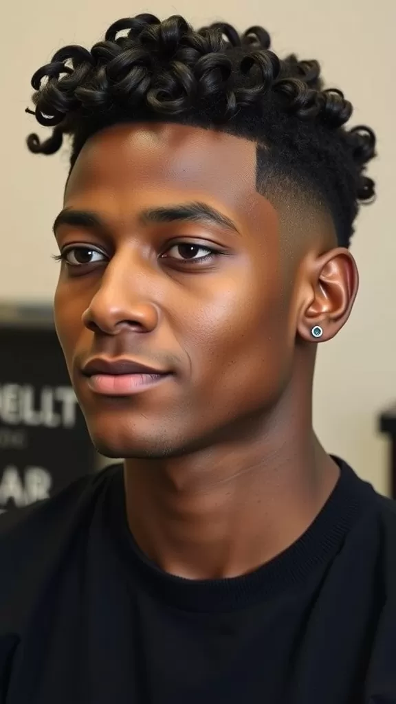 A young man with defined curls styled in a curly low fade hairstyle, showcasing clean sides and textured top.