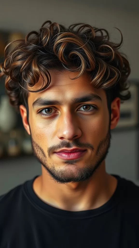 Man with curly hair styled in a low taper fade, complemented by a beard.