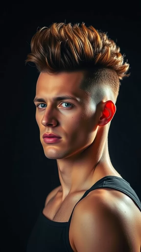 Man with a curly mohawk fade hairstyle, showcasing volume and a clean fade on the sides.