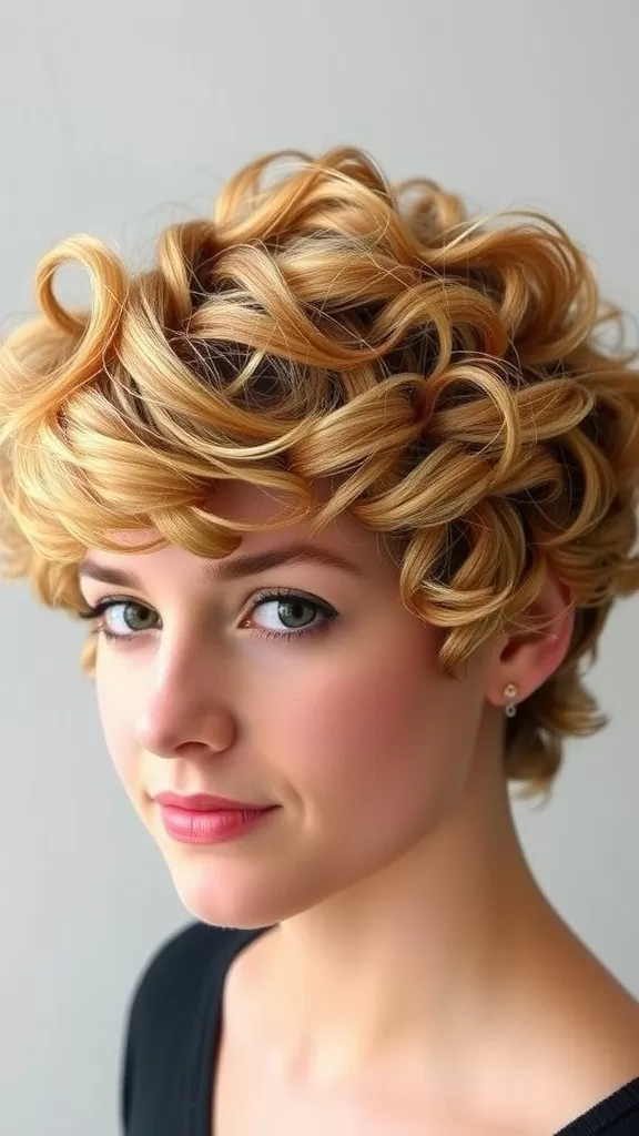 A woman with a curly pixie haircut, displaying defined curls and a light blonde color.