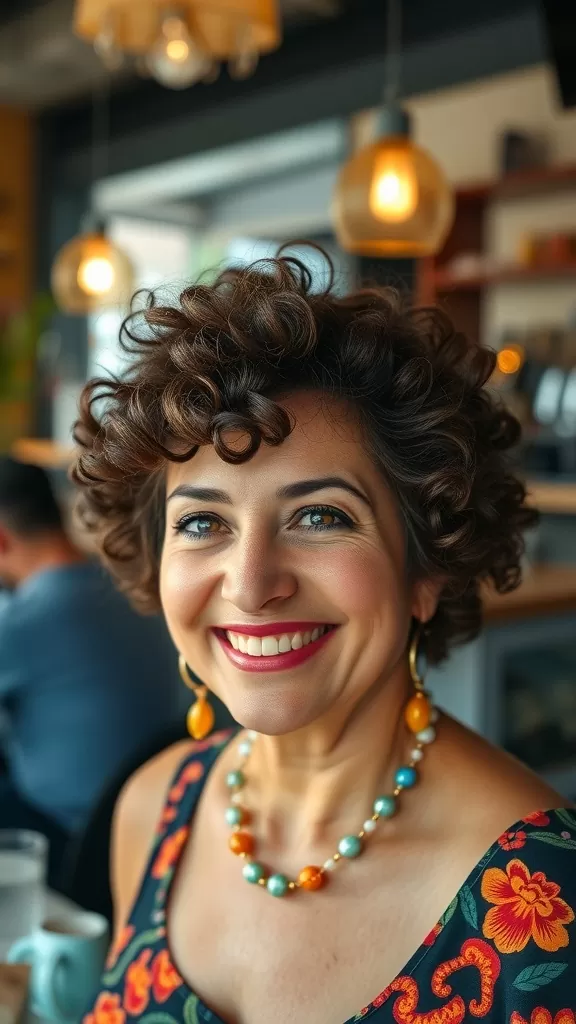 A woman with a curly pixie cut smiling in a cafe, wearing colorful jewelry.