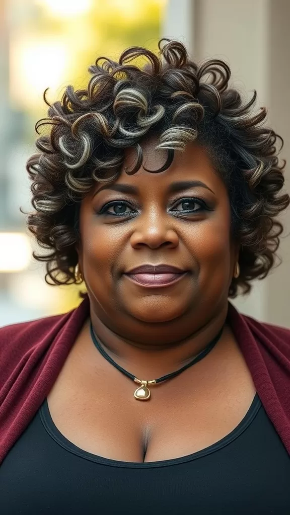 A woman with a curly pixie cut and highlights, exuding confidence and style.