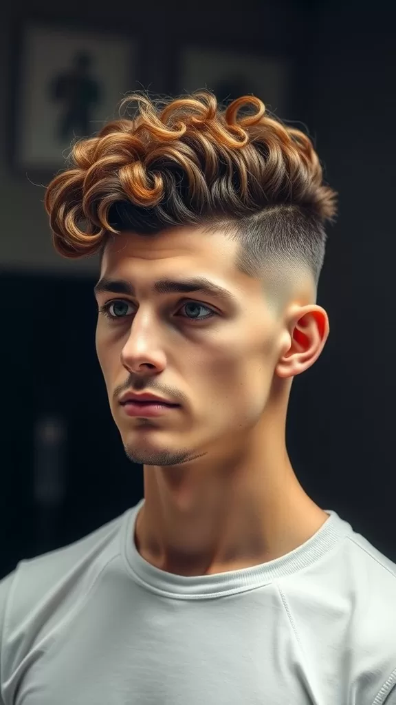 A young man with a curly pompadour fade hairstyle, featuring defined curls on top and a clean fade on the sides.