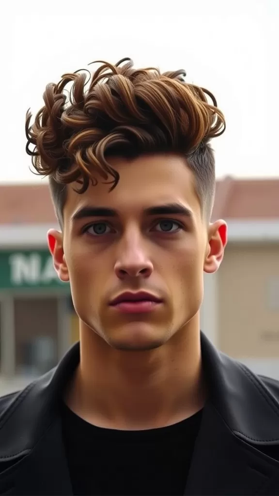A young man with a curly pompadour hairstyle and a fade on the sides, wearing a black jacket.
