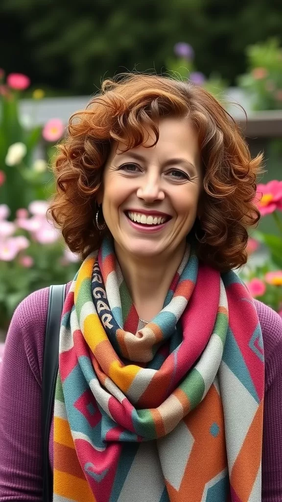 A woman with curly shag hair and a colorful scarf, smiling in a garden filled with flowers.