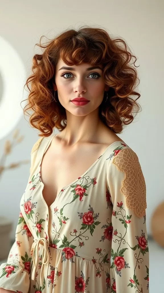 A woman with curly shag hairstyle and fringe wearing a floral dress.