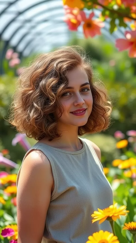 A woman with wavy, curly shag haircut standing in a flower garden with colorful flowers.