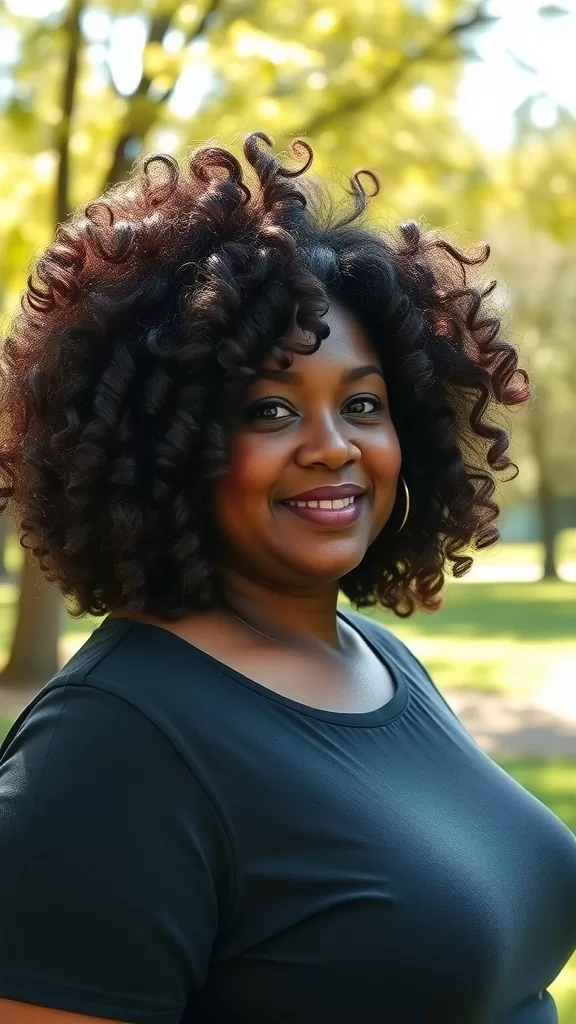 A woman with curly shoulder-length hair smiling in a park.