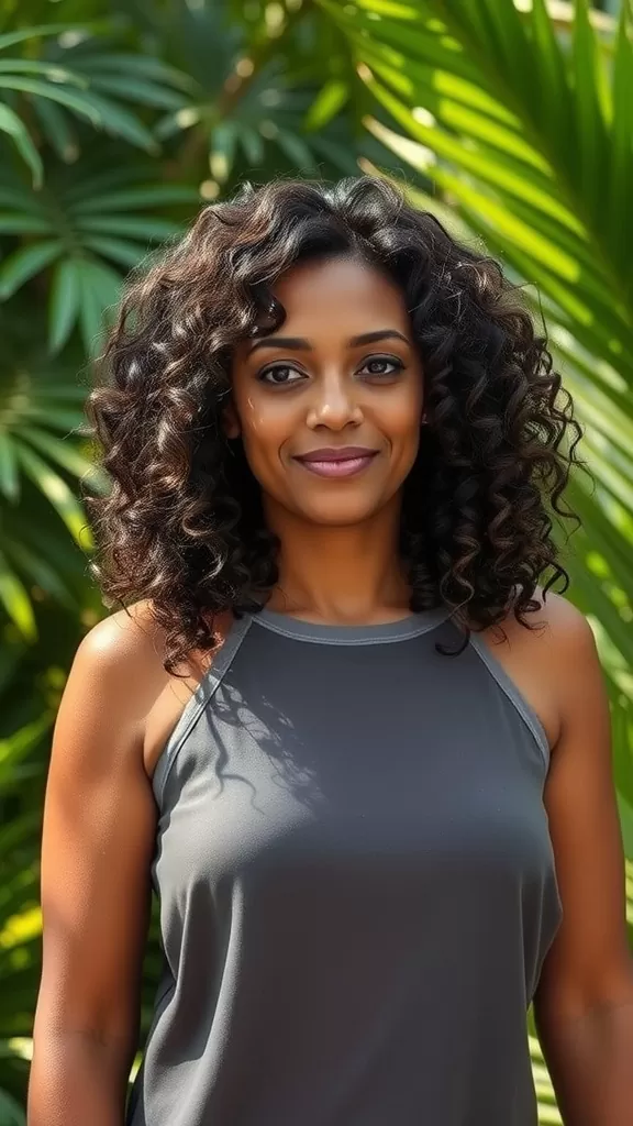 A woman with curly shoulder-length hair and curved bangs, standing against a backdrop of green foliage.